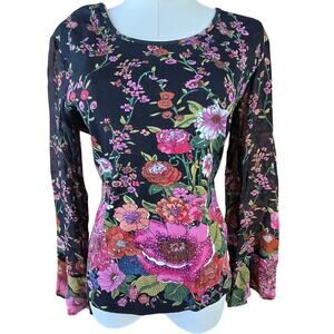 TEMPTATION Vintage Y2K Floral Top L Beaded Sheer Bell Sleeve Fairy Whimsigoth